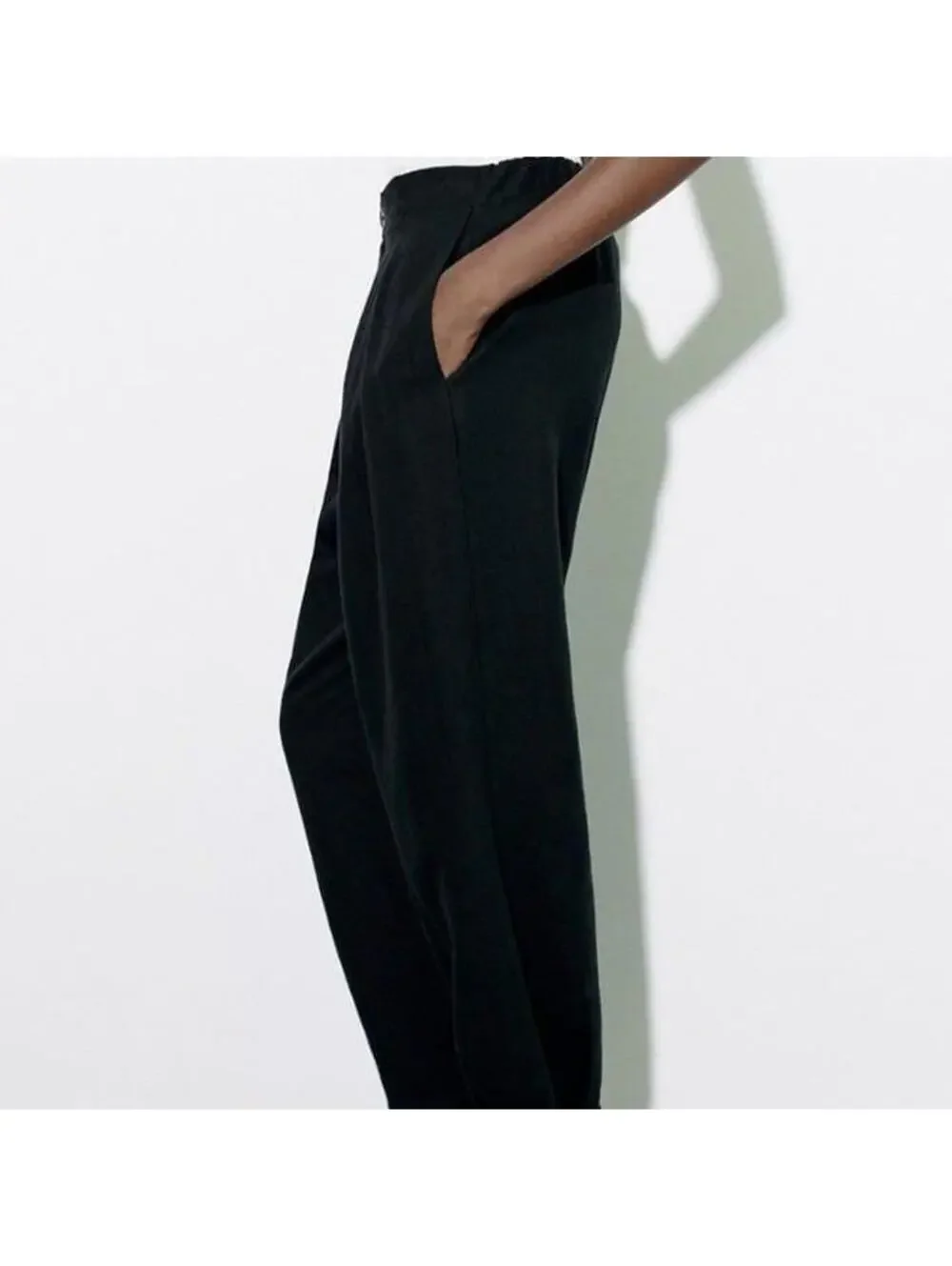 Zara NWT Black Linen Blend Carrot Fit High Waist Trousers Pants XS